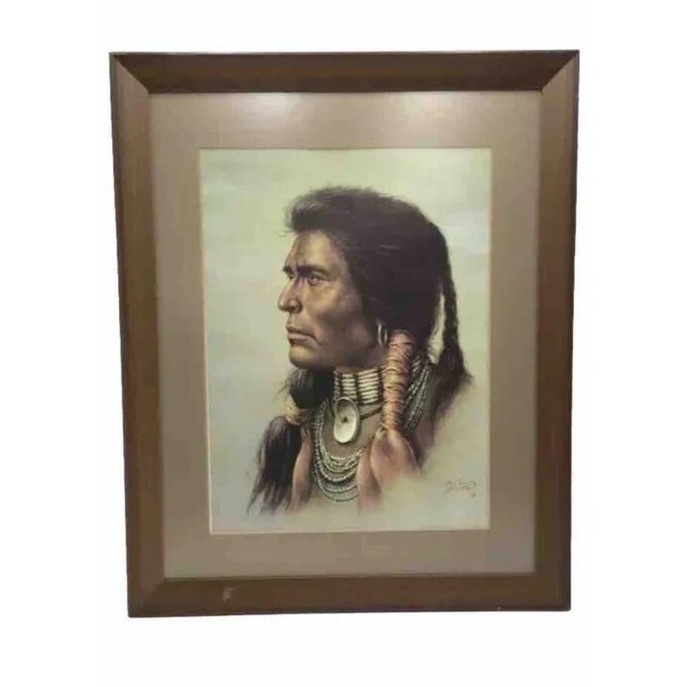 Vintage Bill Hampton Native American Wall Art Print Picture Wooden Frame Indian - Picture 1 of 5